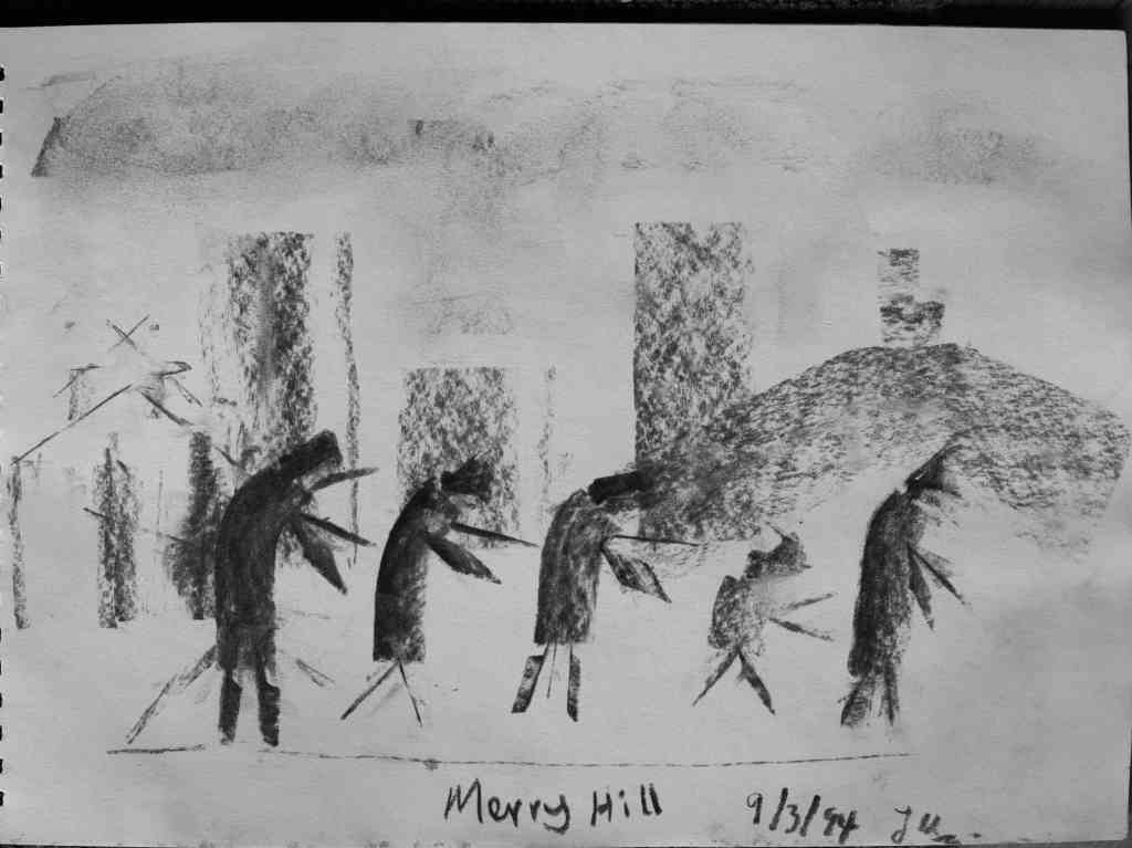 A charcoal sketch of five figures, drawn with rough strokes. Behind them are tall, textured shapes resembling buildings. The sky and ground are shaded lightly. Simple, abstract lines add to the minimalistic design.